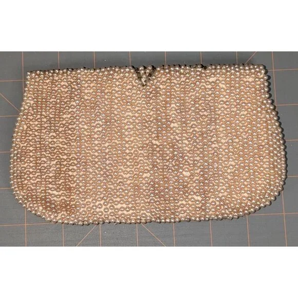 Vintage Pearl Beaded Clutch Floral Design made in Japan 4x7 Inches - Picture 9 of 11